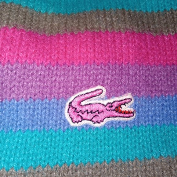 Authentic Izod Lacoste Striped Adult Beanie Hat with Pompom and Pink Alligator - Picture 3 of 4